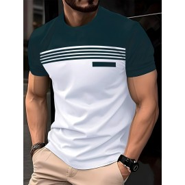 3pcs Men'S Casual Crew Neck Short Sleeve T-Shirts - Light Gray with White Horizontal Stripes, Regular Fit, Slight Stretch Fabric, Stylish Black Watch Accessories, Casual Attire|Striped Tee|Stretchy Fabric, PLUS SIZE