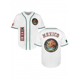 1pc Mexico Men'S V-Neck Baseball Jersey - Breathable Polyester Sports Top with Lettering and Emblem, Casual Loose-Fit for Training and Beachwear, Available in Black, White, and Red