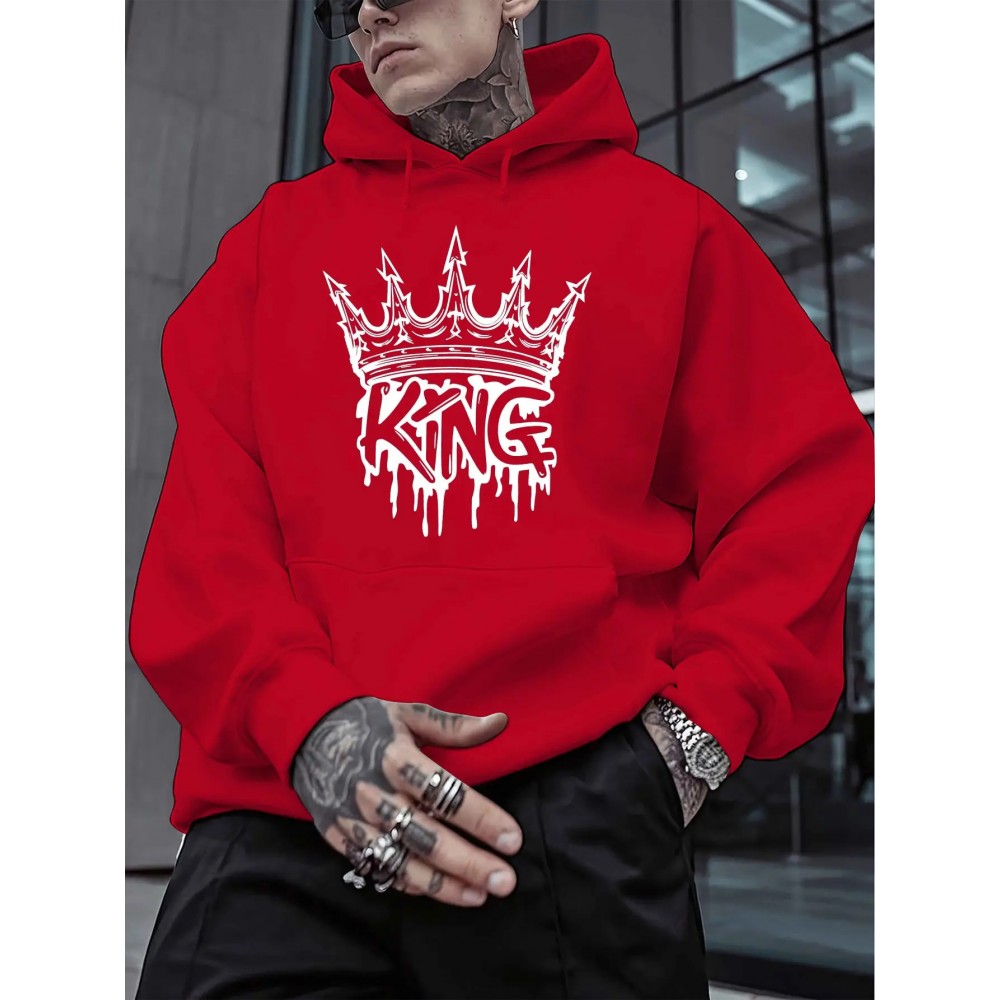 Men'S King Crown Print Hooded Sweatshirt - Royal & Golden Lettering, Winter Knit Fabric with Slight Stretch, Regular Fit Long Sleeve Pullover, Casual American Style Statement Piece for Everyday & Formal Wear - Ideal Gift for Men (KING Lettering Desi