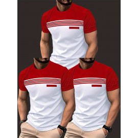3pcs Men'S Casual Crew Neck Short Sleeve T-Shirts - Light Gray with White Horizontal Stripes, Regular Fit, Slight Stretch Fabric, Stylish Black Watch Accessories, Casual Attire|Striped Tee|Stretchy Fabric, PLUS SIZE